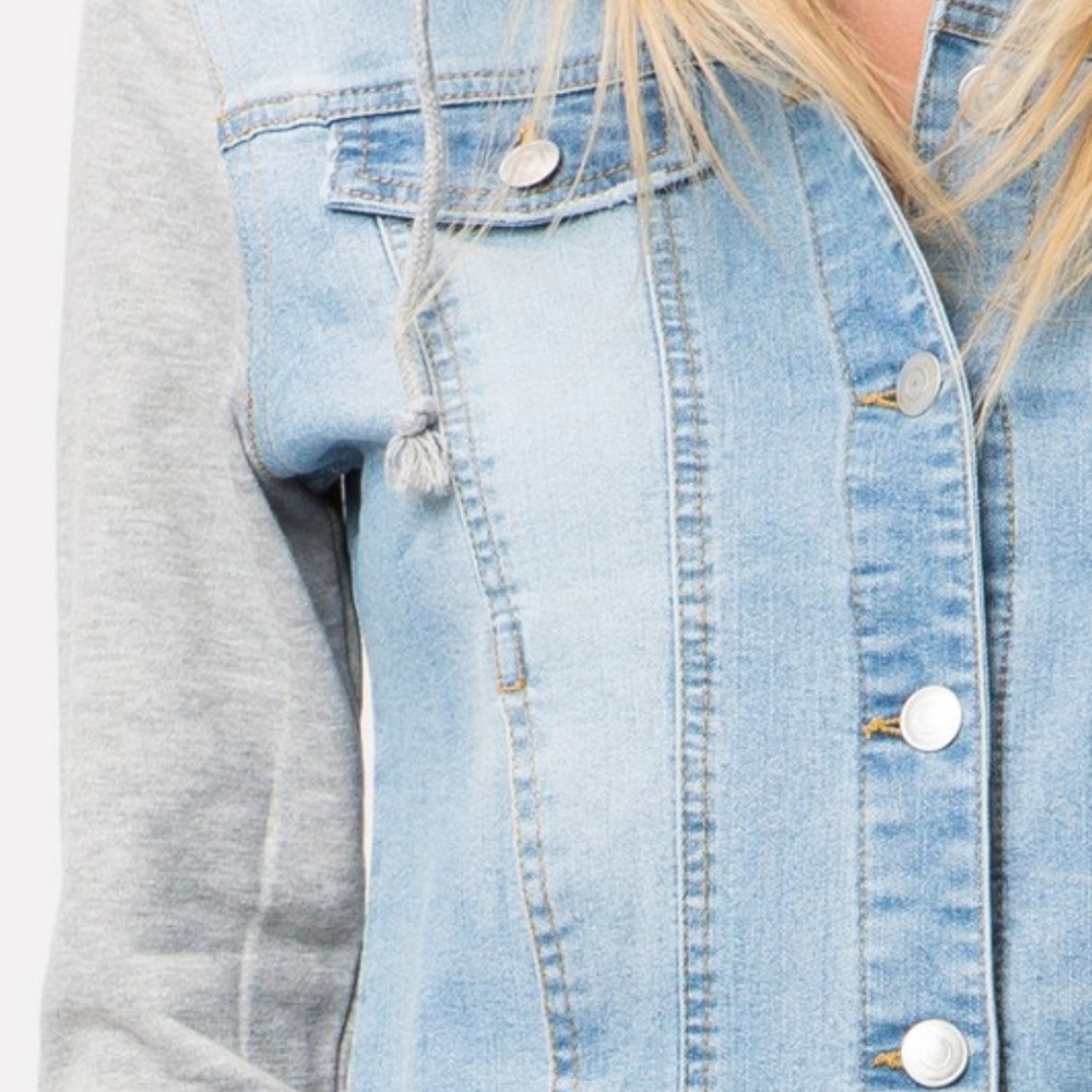 Denim Jacket with Sweatshirt Sleeves and Hood - Picture 2 of 4